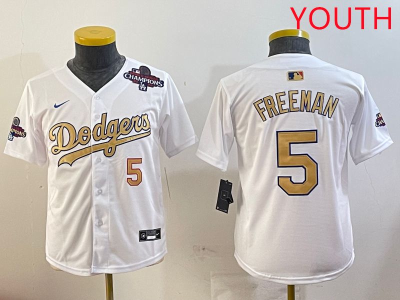 Youth Los Angeles Dodgers #5 Freeman White Champion gold character 2025 Nike MLB Jersey style 2